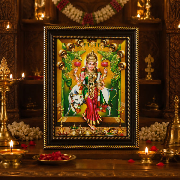 Griha Lakshmi photo frame placed on pooja altar with diyas and bell
