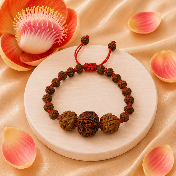 Handcrafted Rudraksha bracelet featuring a 3-5-3 Mukhi combination for confidence and stress relief.