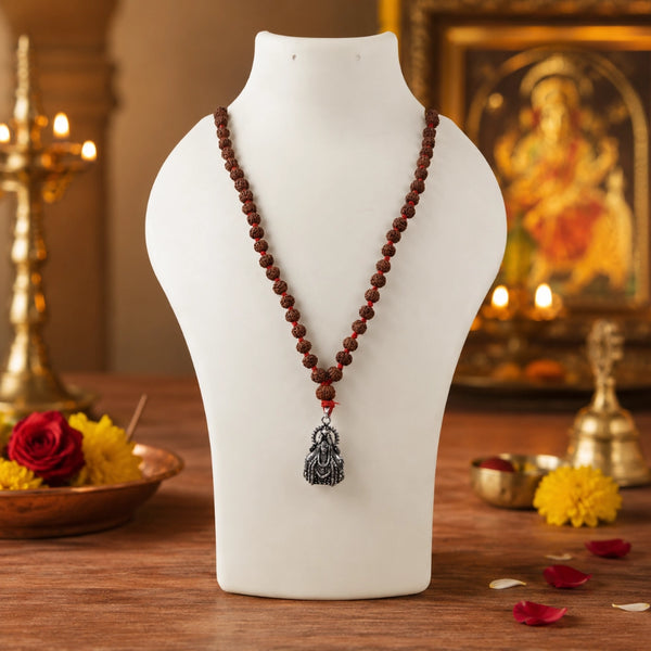 Full view of 71+1 bead 5 Face Rudraksha Mala (8mm) with a white metal Annamalaiyar pendant on a jewelry display.
