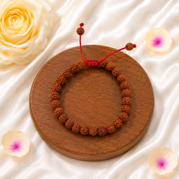 Full overhead view of a genuine 5 Mukhi Rudraksha bracelet, handcrafted for peace, focus, and shielding against negative energy