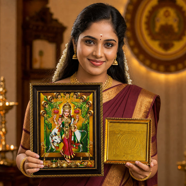 Woman holding Griha Lakshmi photo frame and Sri Chakra Yantra for home vastu