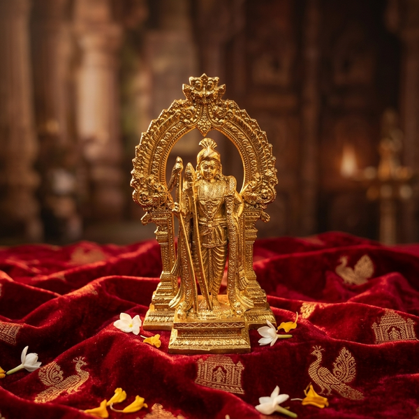 Gold-colored deity statue on a red fabric background