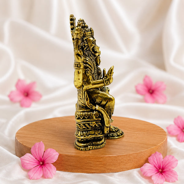 Left Side View of Handcrafted Brass Lakshmi Narasimha Idol with Antique Finish for Home Decor