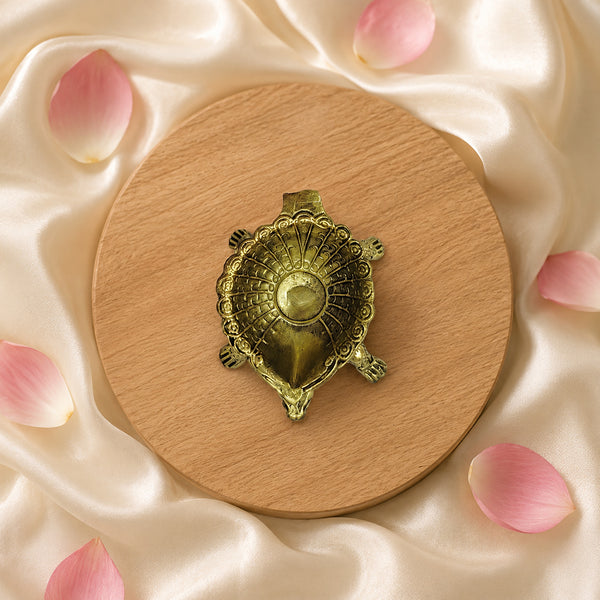 Brass Turtle Diya top view antique finish Vastu Kurma oil lamp for pooja and home temple