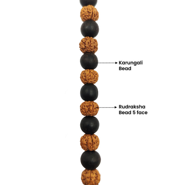 Close-up view of mala beads showing the pattern of smooth black Karungali beads alternating with textured brown 5 face Rudraksha beads.
