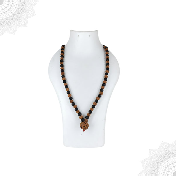 Full view of a spiritual mala necklace displayed on a white jewelry bust, featuring alternating black Karungali and brown Rudraksha beads.
