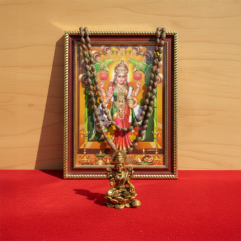 Vastu Grihalakshmi Frame with Thamarai mani maala and Brass Lakshmi idol.