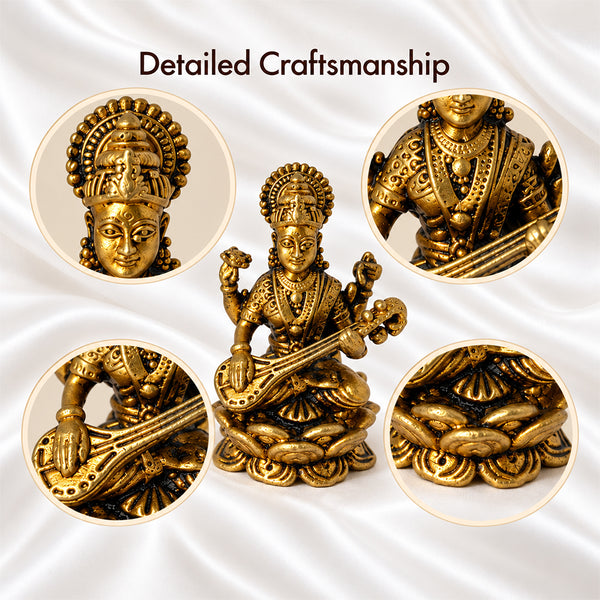 Close-up details of the brass Saraswati idol: face, crown, jewellery, veena and lotus petals