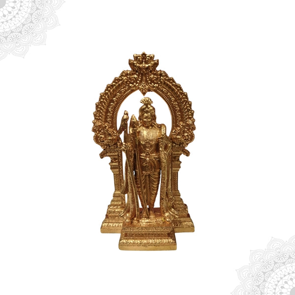 Bronze Palani Raja Azhangara Murugan statue 4 inch front view with ornate prabhavali arch