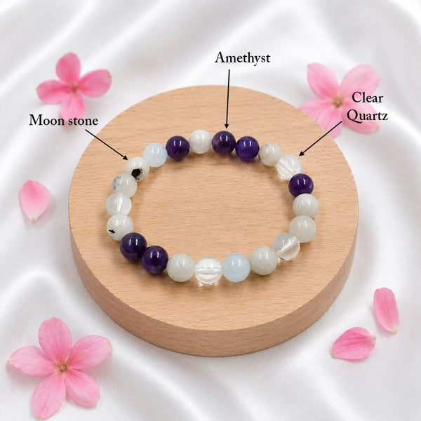 Diagram showing the authentic gemstones used in the Chandrashtama bracelet: Moonstone, Amethyst, and Clear Quartz.