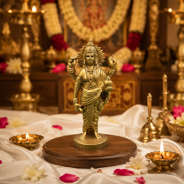 Lord Dhanvantri statue placed in a devotional puja room setting with lamps and flower garlands.