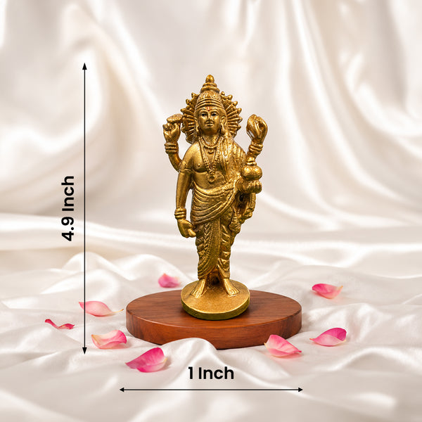 Dimension chart showing 4.9-inch height and 1-inch base width for the Dhanvantri statue.