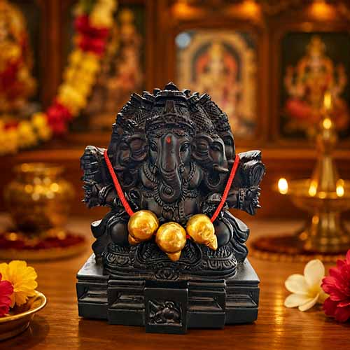 Karpaga Vinayagar fiber statue displayed in a traditional pooja room