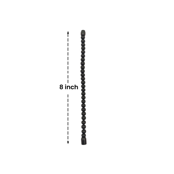 Black beaded rod with measurement label on a white background