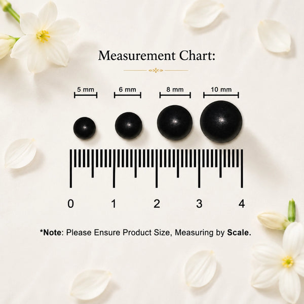 Comprehensive bead size chart for Karungali and Crystal bracelets showing 5mm, 6mm, 8mm, and 10mm measurements against a scale for accurate sizing.