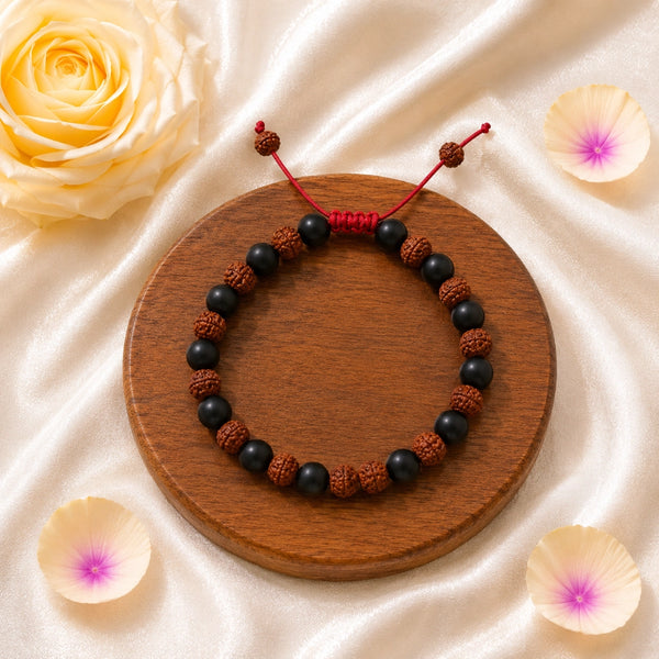 Handcrafted spiritual bracelet combining authentic Karungali (Ebony Wood) and genuine Rudraksha beads for protection and success