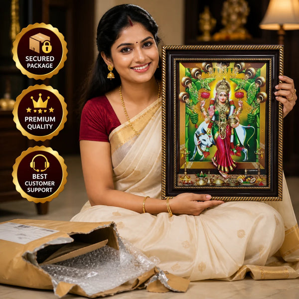 A smiling woman in a traditional saree holding a framed Goddess Lakshmi photo, highlighting the secured packaging, premium quality, and brand trust badges for OM SPIRITUAL SHOP.