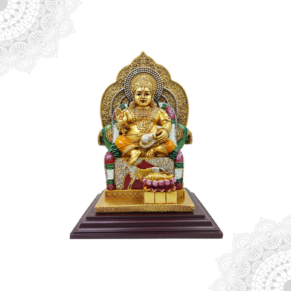 A fiber statue of Lord Kubera, the Hindu deity of wealth and prosperity, with intricate details and a radiant golden and red color scheme.