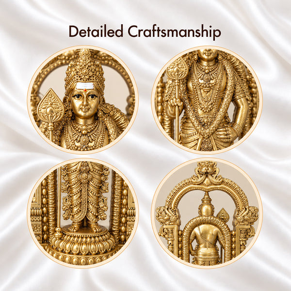 Close-up details of gold Murugan statue: face, crown, jewellery, veshti, lotus base and the back of the arch