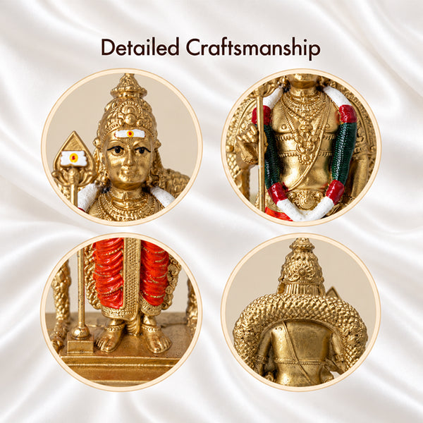 Close-up details of Lord Murugan statue: face, vel, garland, feet and the back of the crown