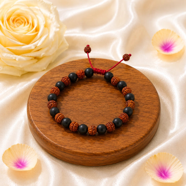 Handcrafted spiritual bracelet combining authentic Karungali (Ebony Wood) and genuine Rudraksha beads for protection and success