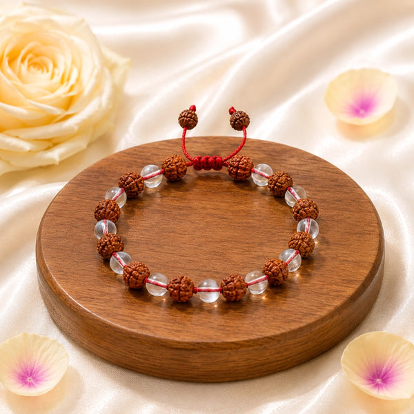 Handcrafted Shiva Shakti combination bracelet with genuine Rudraksha seeds and Spadigam Clear Quartz beads