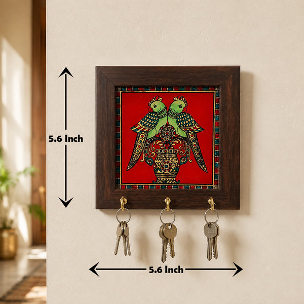 Tanjore art key hanger with love birds painting and measurement 5.6 inch
