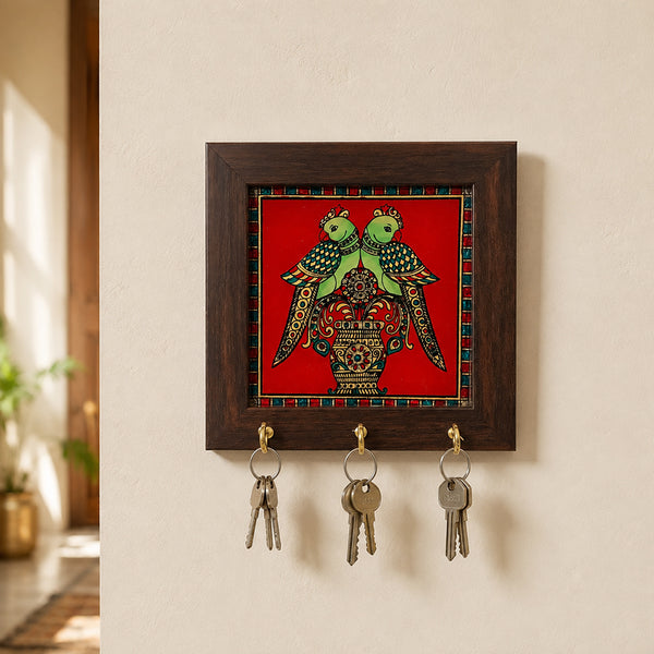 Tanjore art key hanger love birds design mounted on wall