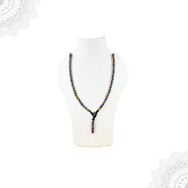 A full-length Titanium Aura crystal mala necklace featuring round, multi-colored iridescent beads displayed on a white jewelry mannequin bust.