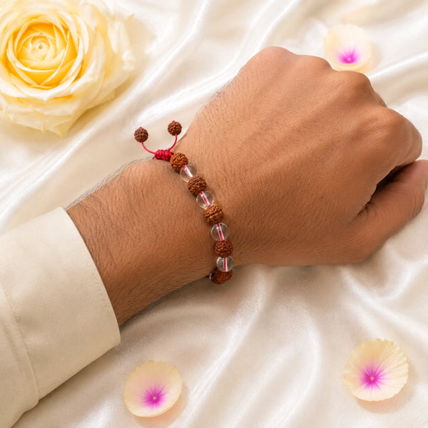 A person wearing the original Rudraksha and Spadigam (Sphatik) adjustable bracelet for energy balancing and spiritual protection