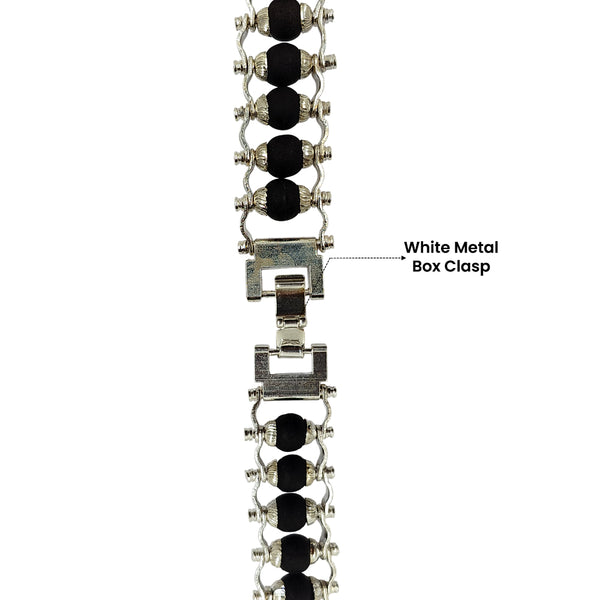 Karungali bracelet showing white metal box clasp
